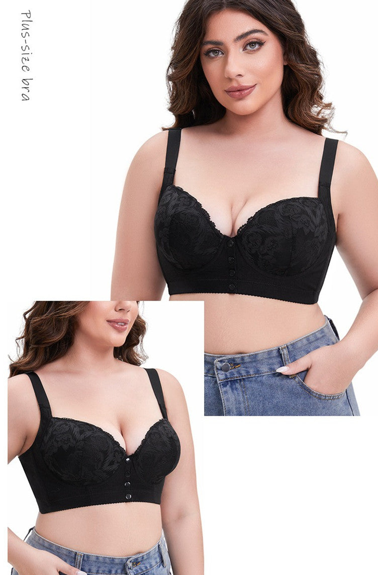 Adjustable strap front button lace bra