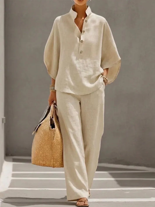 ⅠWomen’s Batwing Sleeve Linen Cotton Two-Piece Set – Casual Shirt & Wide Leg Pants Outfit