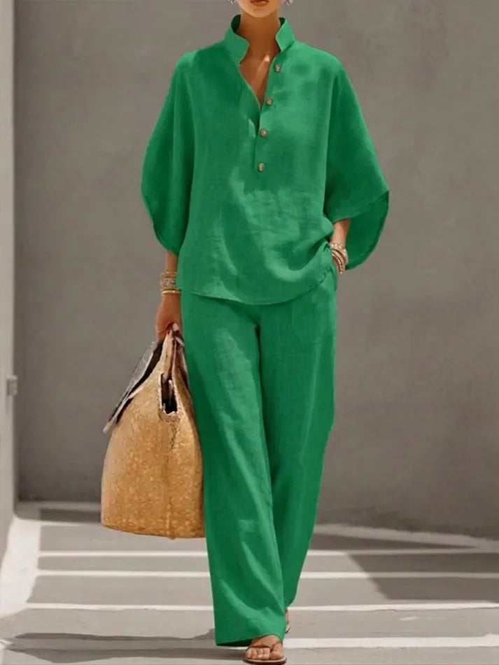 ⅠWomen’s Batwing Sleeve Linen Cotton Two-Piece Set – Casual Shirt & Wide Leg Pants Outfit