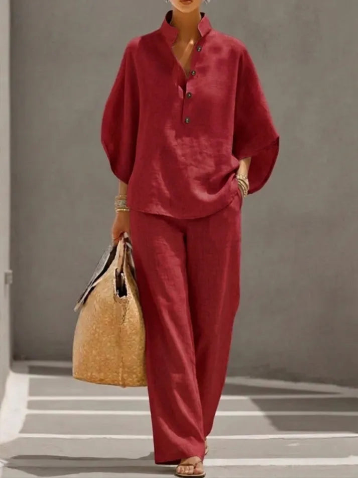 ⅢWomen’s Batwing Sleeve Linen Cotton Two-Piece Set – Casual Shirt & Wide Leg Pants Outfit