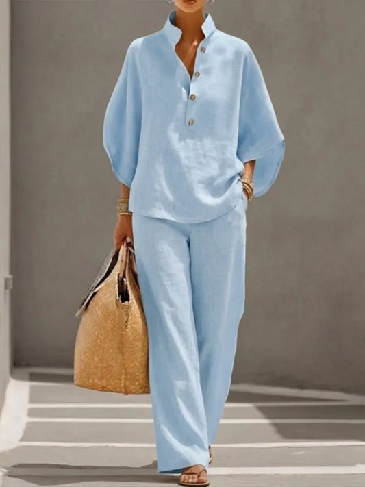 ⅠWomen’s Batwing Sleeve Linen Cotton Two-Piece Set – Casual Shirt & Wide Leg Pants Outfit