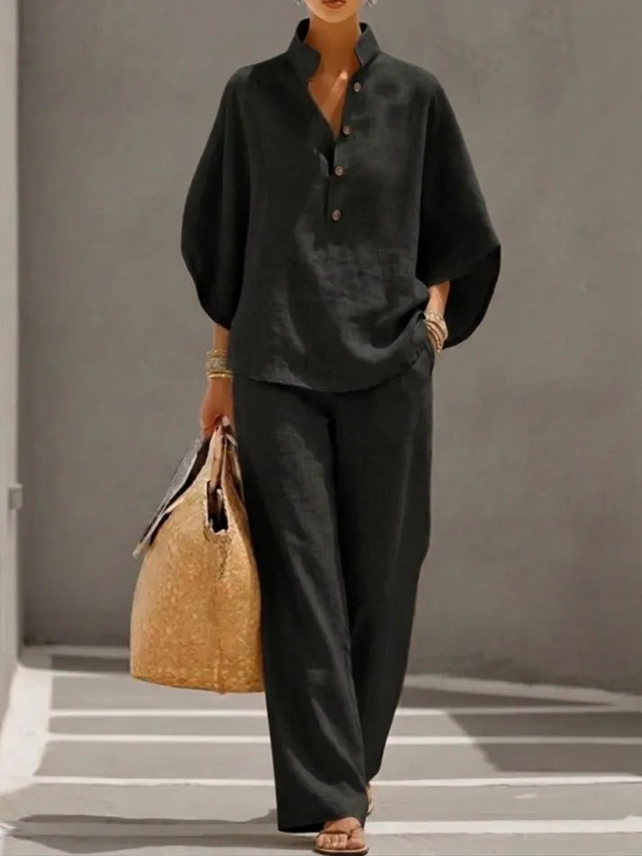 ⅠWomen’s Batwing Sleeve Linen Cotton Two-Piece Set – Casual Shirt & Wide Leg Pants Outfit