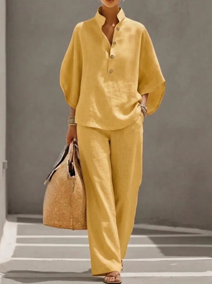 ⅡWomen’s Batwing Sleeve Linen Cotton Two-Piece Set – Casual Shirt & Wide Leg Pants Outfit
